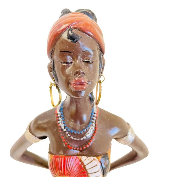 Handcrafted African Woman Figurine Wearing Traditional Print Dress 15" x 3 1/8" - Picture 3 of 7
